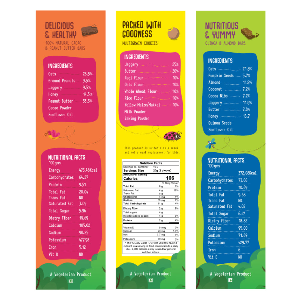 Cacao & Peanut Butter Bars + Multigrain Cookies + Quinoa & Almond Bars (200 GMS Each)