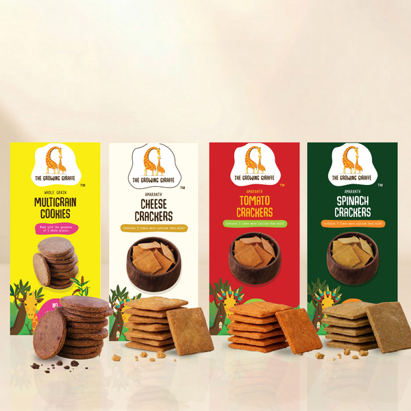 The Growing Giraffe Healthy Snack Bundle – Multigrain Cookies & Amaranth Crackers (Tomato, Cheese, Spinach) for Kids & Grown-Up Adults | Whole Grain | Nut-Free | No Refined Sugar or Maida | Pack of 4