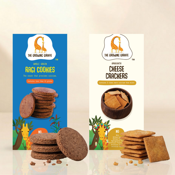 The Growing Giraffe Ragi Cookies & Cheese Crackers Combo | 100% Natural, Healthy & Nutritious Snacks for Kids & Grown-Up Adults | Wholesome Baked Biscuits with Ragi, Whole Grains & Real Cheese | (160g Ragi + 60g cheese)