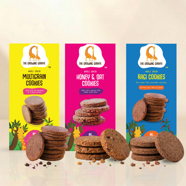 The Growing Giraffe Whole Grain Cookies Combo – Multigrain, Honey & Oat with Cacao Nibs, and Ragi | Nut-Free, No Refined Sugar or Flour | Healthy Snack for Kids & Grown-Up Adults | Pack of 3