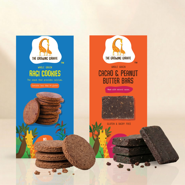 The Growing Giraffe Healthy Snack Pack – Ragi Cookies (Low Gluten) + Cacao & Peanut Butter Bars for Kids & Grown-Up Adults | Gluten & Dairy Free | No Refined Sugar or Nuts | Pack of 2