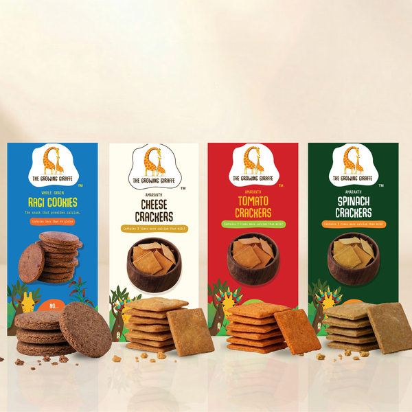 The Growing Giraffe Nutrient-Rich Snack Pack – Ragi Cookies, Tomato, Cheese & Spinach Crackers | Calcium-Rich & Nut-Free | No Refined Sugar or Maida | Healthy Snack for Kids & Grown-Up Adults | Pack of 4