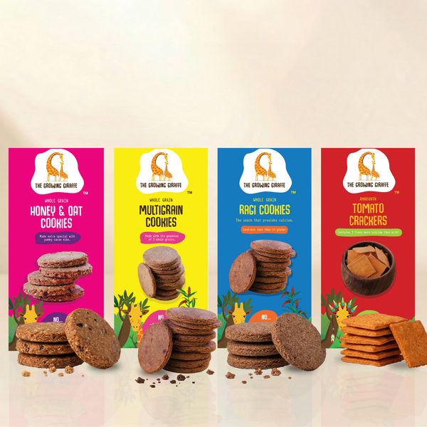 The Growing Giraffe Whole Grain Snack Variety Pack | Honey & Oat Cookies, Multigrain Cookies, Ragi Cookies, and savory Amaranth Tomato Crackers (Pack of 4)