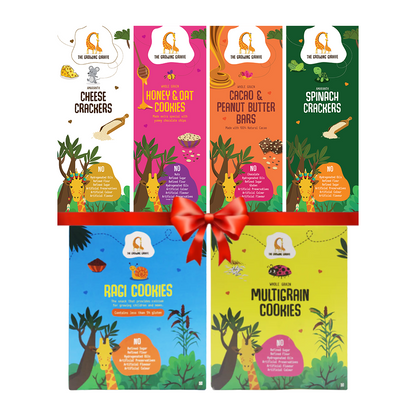 Ragi Cookies + Honey & Oat Cookies + Cacao & Peanut Butter Bars (160 GMS Each) + Cheese Amaranth Crackers (60 GMS) + Multigrain Cookies (160 GMS) + Spinach Amaranth Crackers (60 GMS) + Tomato Amaranth Crackers (60 GMS)