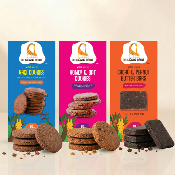 The Growing Giraffe Cookies & Nutrition Bars Combo | Delicious, Healthy & Nutritious Snacks for Kids & Grown-Up Adults | Ragi, Honey & Oats Cookies & Cacao Peanut Butter Bars | 480g (Pack of 3)