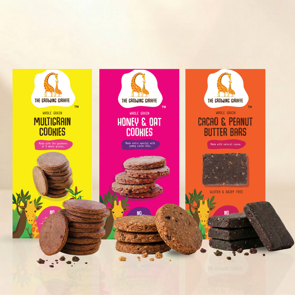 The Growing Giraffe Healthy Snack Trio | Wholesome & Delicious Family Treat Combo for Kids & Grown-Up Adults | Multigrain, Honey Oats Cookies & Cacao Peanut Butter Bars | 480g (Pack of 3)