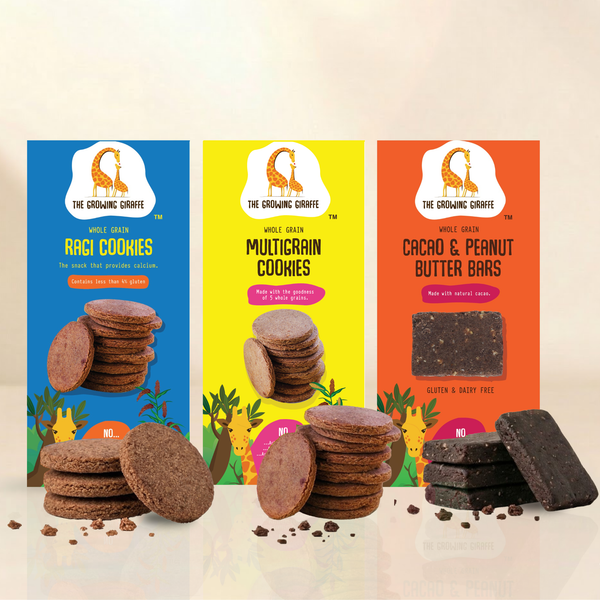 The Growing Giraffe Healthy Snack Combo | Natural & Nutritious Treats for Kids & Grown-Up Adults | Ragi, Multigrain Cookies & Cocoa Peanut Butter Bars | No Artificial Flavours or Colours | 160g Each (Pack of 3, 480g)