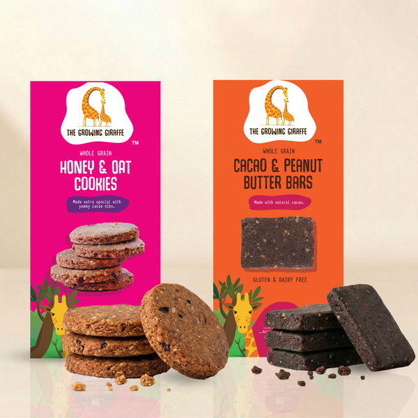 The Growing Giraffe Healthy Snack Pack – Honey & Oat Cookies with Cacao Nibs & Peanut Butter Bars for Kids & Grown-Up Adults | Nut-Free, Gluten & Dairy Free | No Refined Sugar | Pack of 2