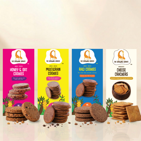 The Growing Giraffe Whole Grain Snack Variety Pack | Honey & Oat Cookies, Multigrain Cookies, Ragi Cookies, and savory Amaranth Cheese Crackers (Pack of 4)