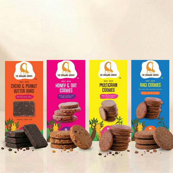 The Growing Giraffe Healthy Snacks Combo – Cacao Peanut Butter Bar + Multigrain, Honey Oat & Ragi Cookies for Kids & Grown-Up Adults | Whole Grain | No Refined Sugar | Gluten & Dairy Free | Pack of 4
