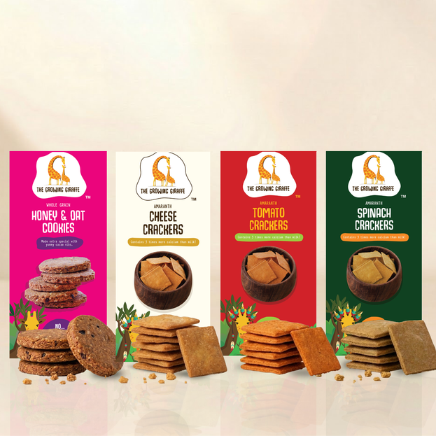 The Growing Giraffe Nutrient-Dense Snack Pack – Honey & Oat Cookies, Amaranth Crackers (Tomato, Cheese, Spinach) for Kids & Grown-Up Adults | Calcium-Rich, Nut-Free | No Refined Sugar | Pack of 4