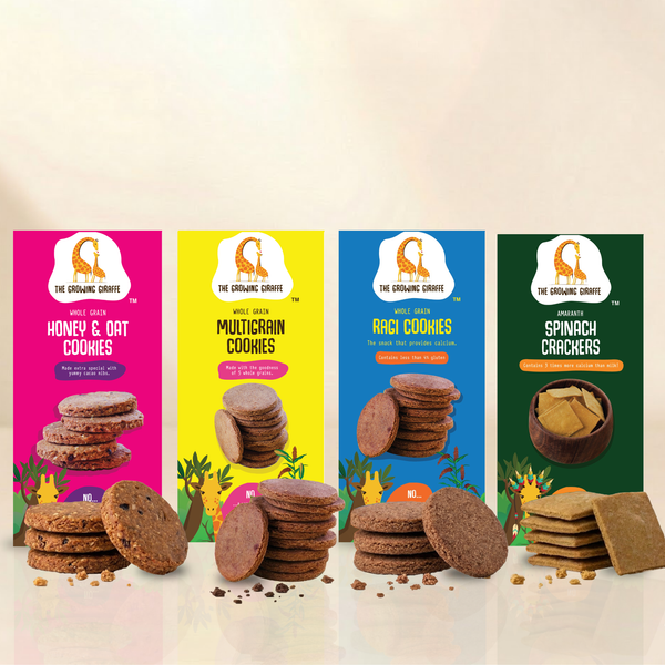 The Growing Giraffe Snack Variety Pack – Honey & Oat, Multigrain, Ragi Cookies & Amaranth Spinach Crackers for Kids & Grown-Up Adults | No Refined Sugar, Additives or Gluten Concerns | Nut-Free | Pack of 4