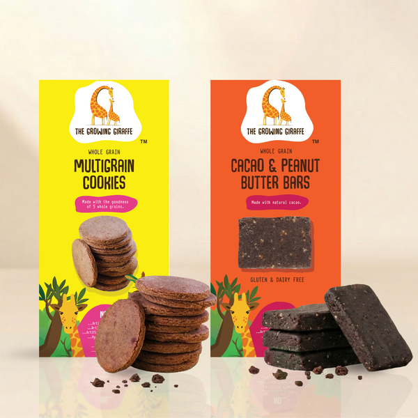 The Growing Giraffe Healthy Snack Pack – Multigrain Cookies with 5 Whole Grains & Peanut Butter Bars for Kids & Grown-Up Adults | Nut-Free, Gluten & Dairy Free | No Refined Sugar | Pack of 2